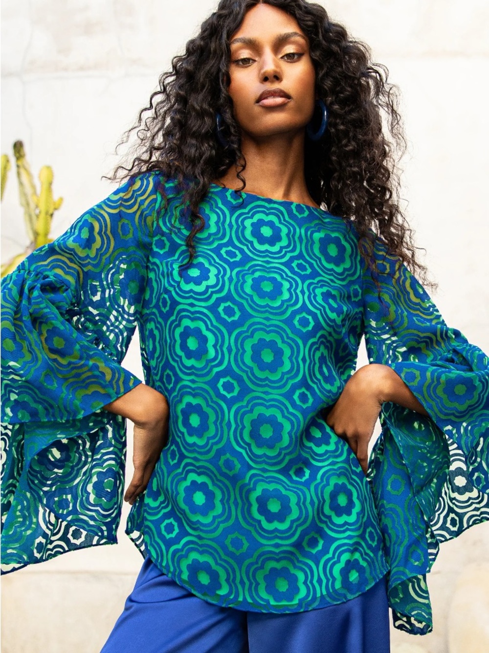 Trina Turk Everly Top Blue & Green Floral-Geometric Bell Sleeve Blouse